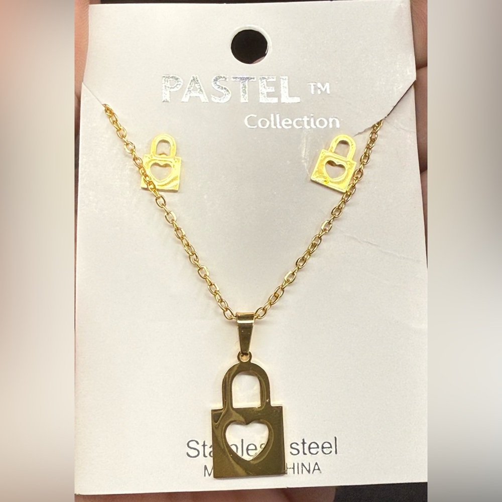 Pastels Clothing Gold Lock Necklace and Earring Set